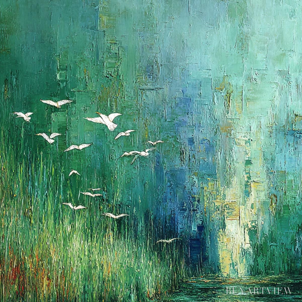 BUYARTVIEW Emerald Flight – Textured Abstract Landscape Painting of Birds Over a Marsh - image 5