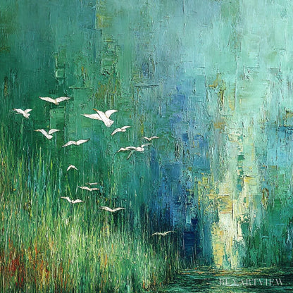 BUYARTVIEW Emerald Flight – Textured Abstract Landscape Painting of Birds Over a Marsh - image 5