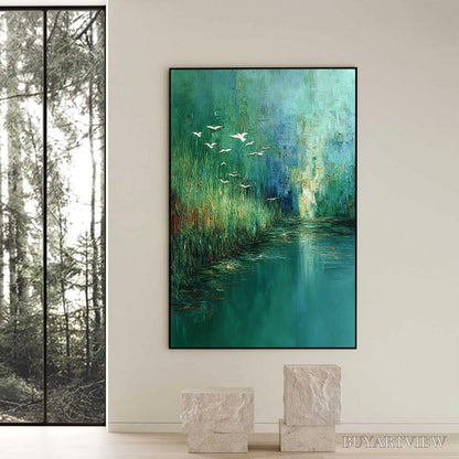 BUYARTVIEW Emerald Flight – Textured Abstract Landscape Painting of Birds Over a Marsh - image 6