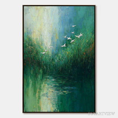 BUYARTVIEW Verdant Voyage – Textured Green Landscape Painting with Birds - image 1