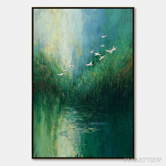 BUYARTVIEW Verdant Voyage – Textured Green Landscape Painting with Birds - image 1