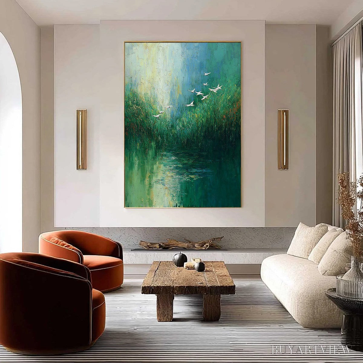 BUYARTVIEW Verdant Voyage – Textured Green Landscape Painting with Birds - image 2