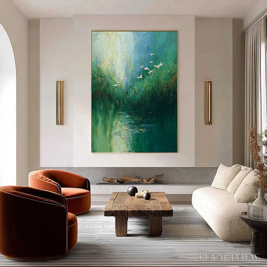 BUYARTVIEW Verdant Voyage – Textured Green Landscape Painting with Birds - image 2