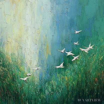 BUYARTVIEW Verdant Voyage – Textured Green Landscape Painting with Birds - image 3