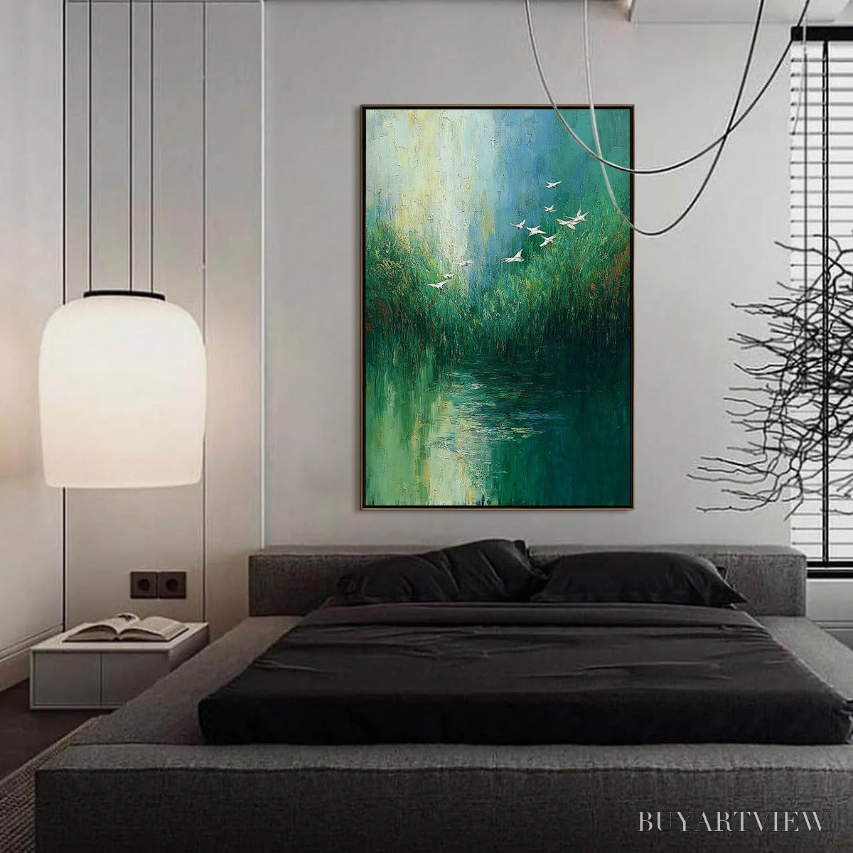 BUYARTVIEW Verdant Voyage – Textured Green Landscape Painting with Birds - image 4