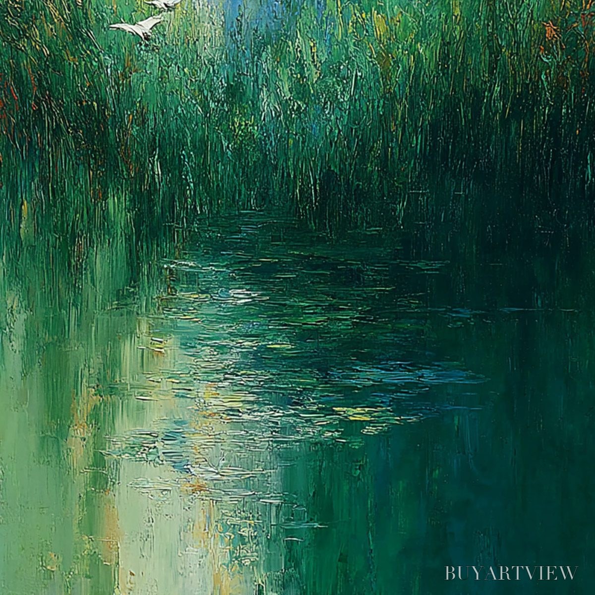 BUYARTVIEW Verdant Voyage – Textured Green Landscape Painting with Birds - image 5