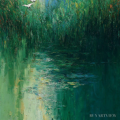 BUYARTVIEW Verdant Voyage – Textured Green Landscape Painting with Birds - image 5