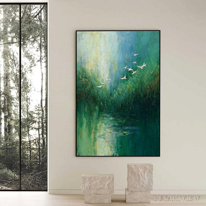 BUYARTVIEW Verdant Voyage – Textured Green Landscape Painting with Birds - image 6