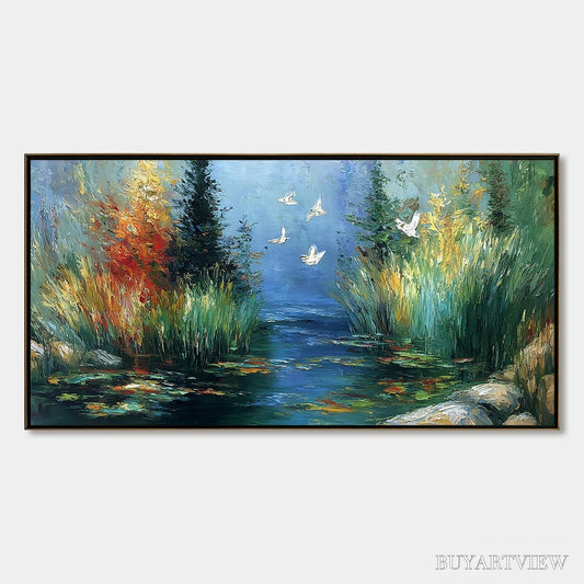 BUYARTVIEW Serene Flight – Textured Impasto Landscape Painting of a River Sanctuary - image 1