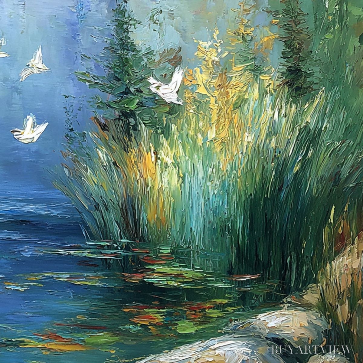 BUYARTVIEW Serene Flight – Textured Impasto Landscape Painting of a River Sanctuary - image 5