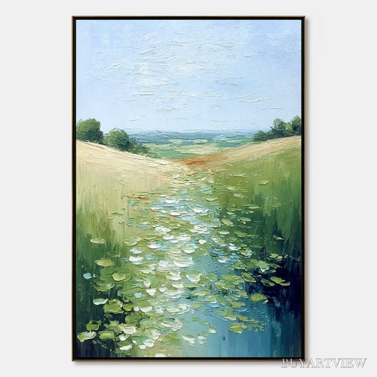 BUYARTVIEW Verdant Path – Textured Impasto Landscape Painting of a Lilypad Stream - image 1