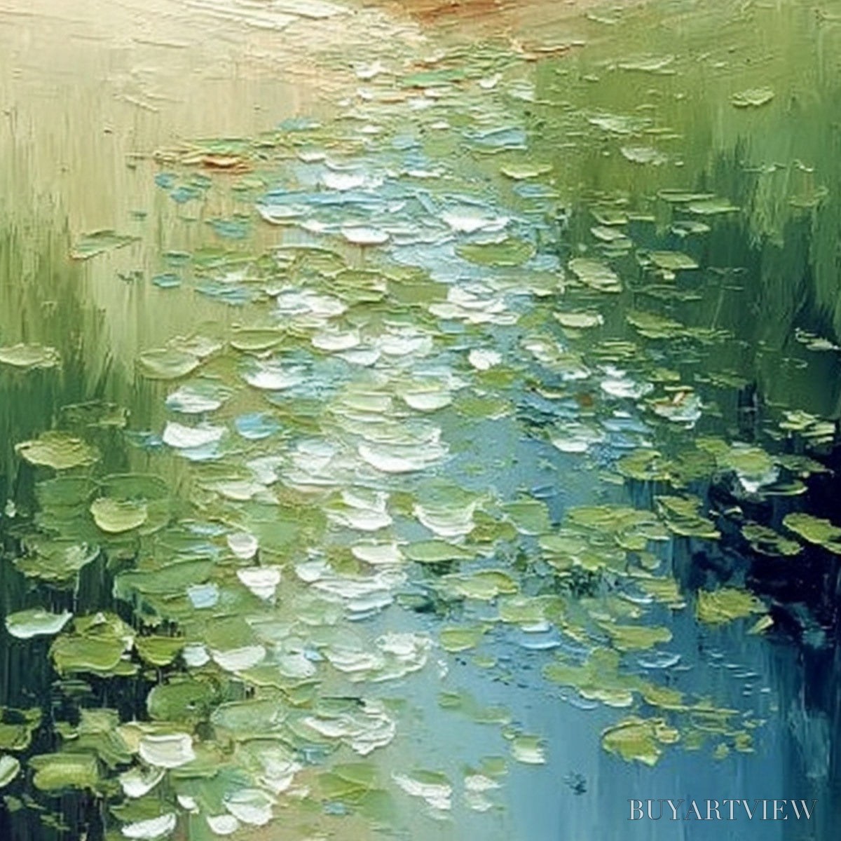 BUYARTVIEW Verdant Path – Textured Impasto Landscape Painting of a Lilypad Stream - image 3