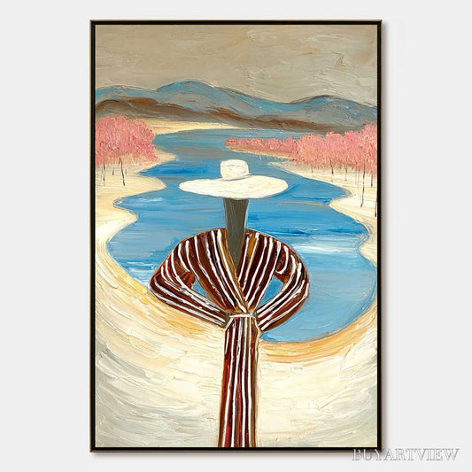 BUYARTVIEW River Blush – Textured Figurative Landscape Painting of Woman by Water - image 1