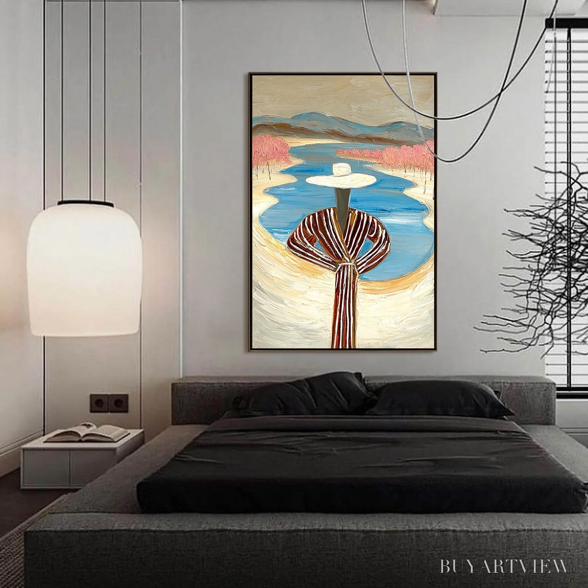 BUYARTVIEW River Blush – Textured Figurative Landscape Painting of Woman by Water - image 4