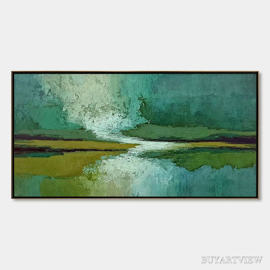 BUYARTVIEW Verdant Horizon – Textured Abstract Landscape Painting in Green and Gold - image 1