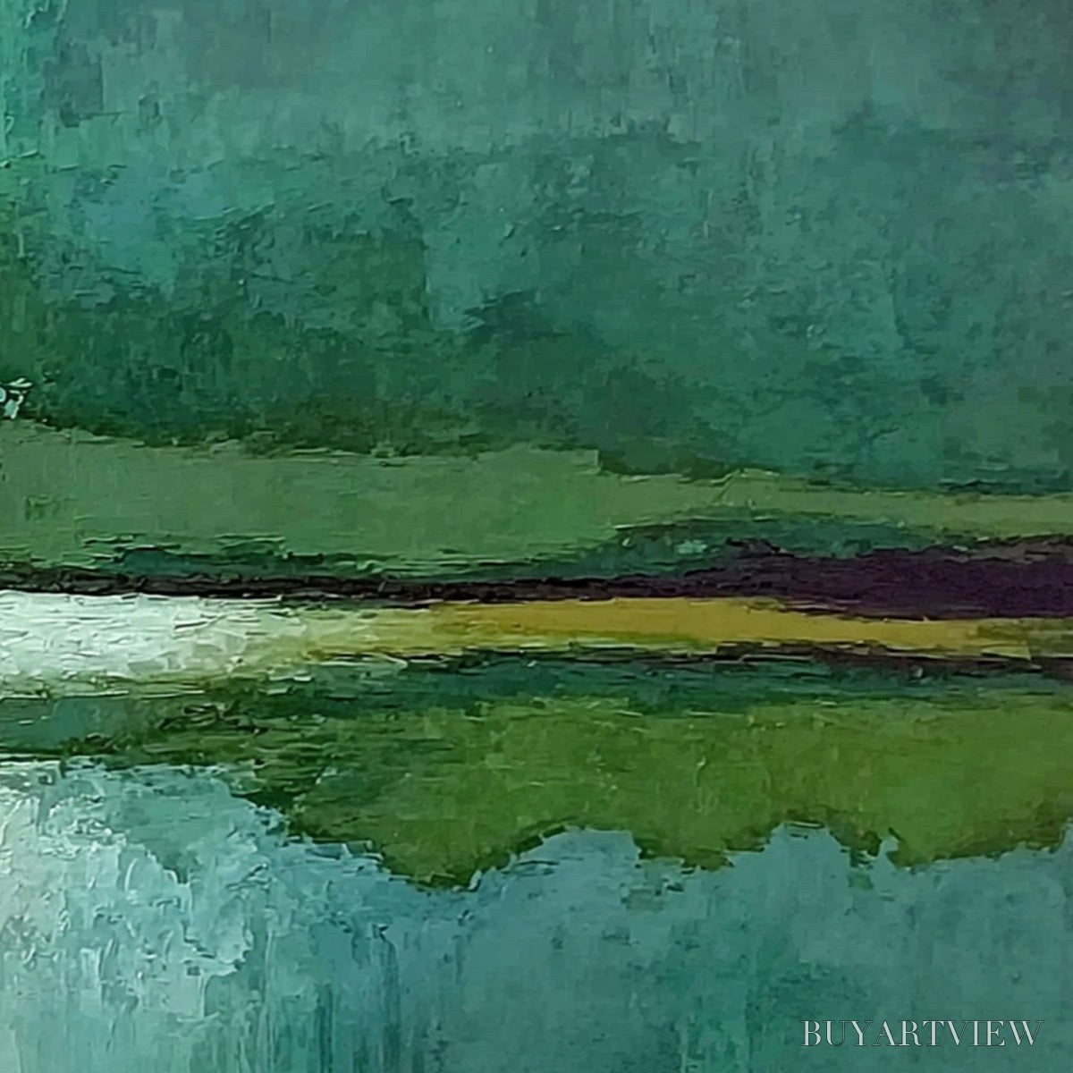 BUYARTVIEW Verdant Horizon – Textured Abstract Landscape Painting in Green and Gold - image 3