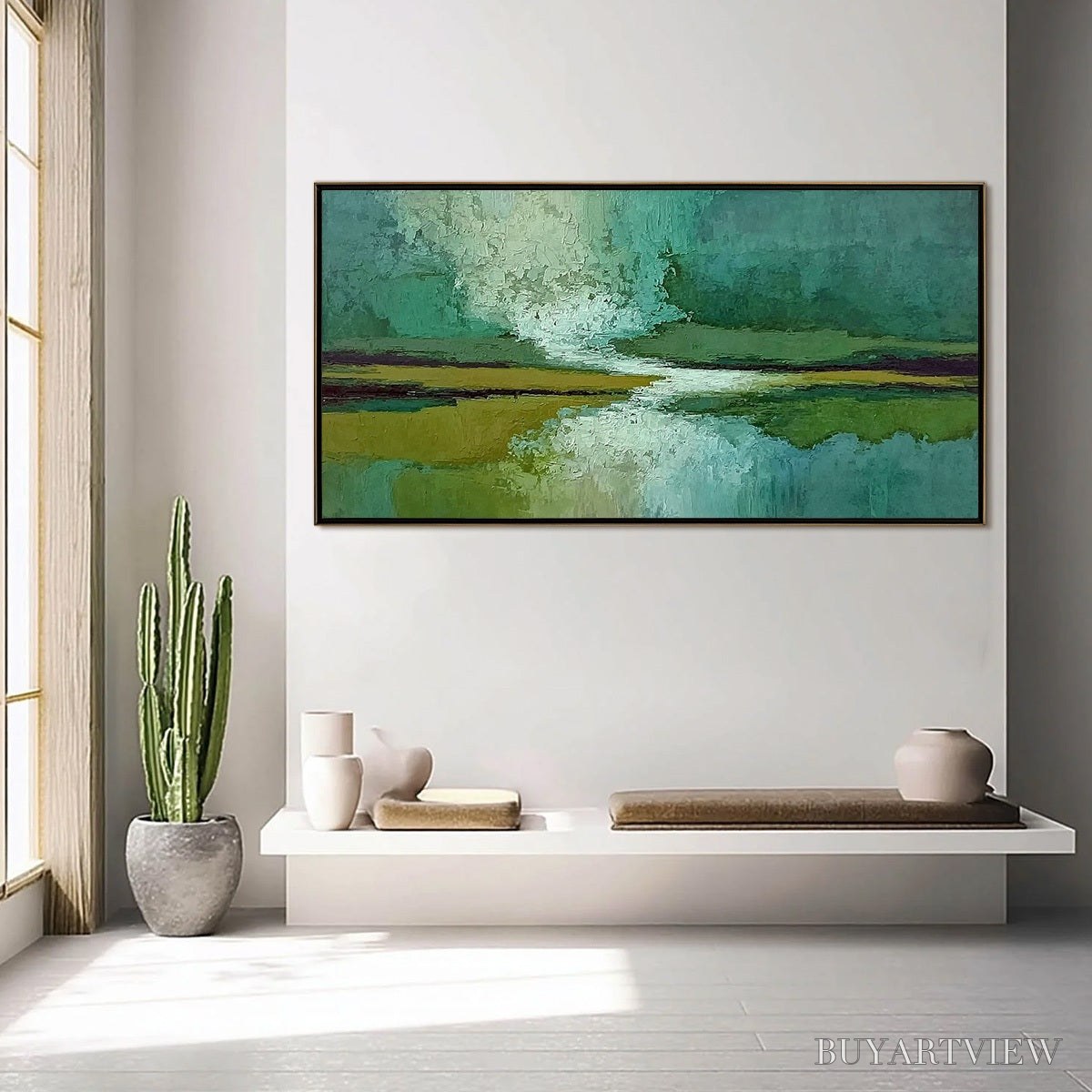 BUYARTVIEW Verdant Horizon – Textured Abstract Landscape Painting in Green and Gold - image 4