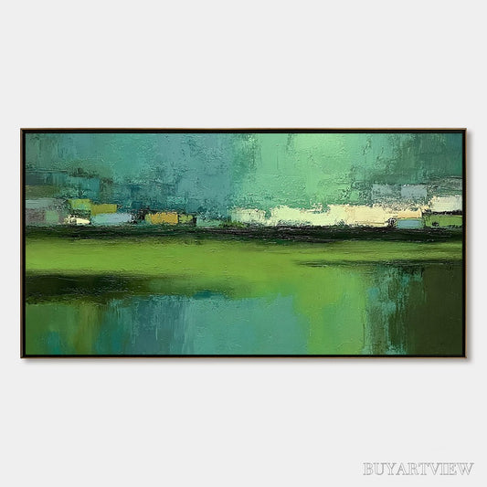 BUYARTVIEW Emerald Reflections – Textured Wabi Sabi Abstract Landscape Painting - image 1