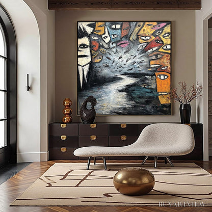 BUYARTVIEW the Gathering – Large Square Abstract Figurative Impasto Painting - image 4