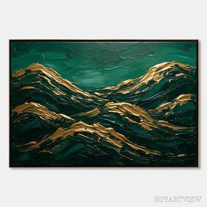 BUYARTVIEW Emerald Crests – Heavy Texture Abstract Green and Gold Landscape Painting - image 1