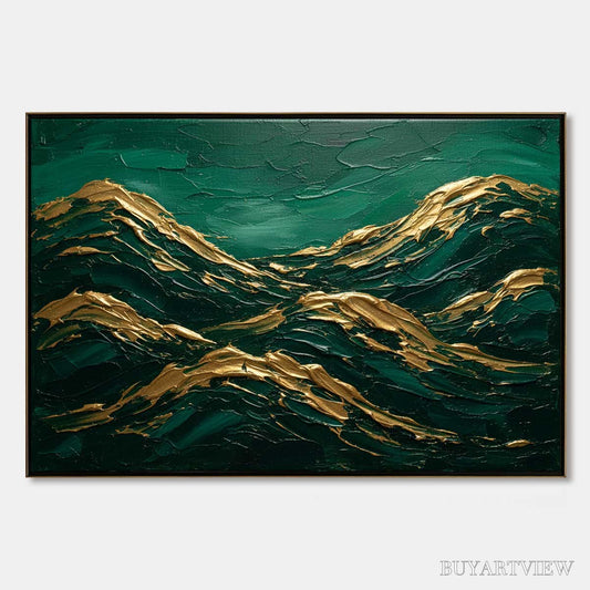 BUYARTVIEW Emerald Crests – Heavy Texture Abstract Green and Gold Landscape Painting - image 1