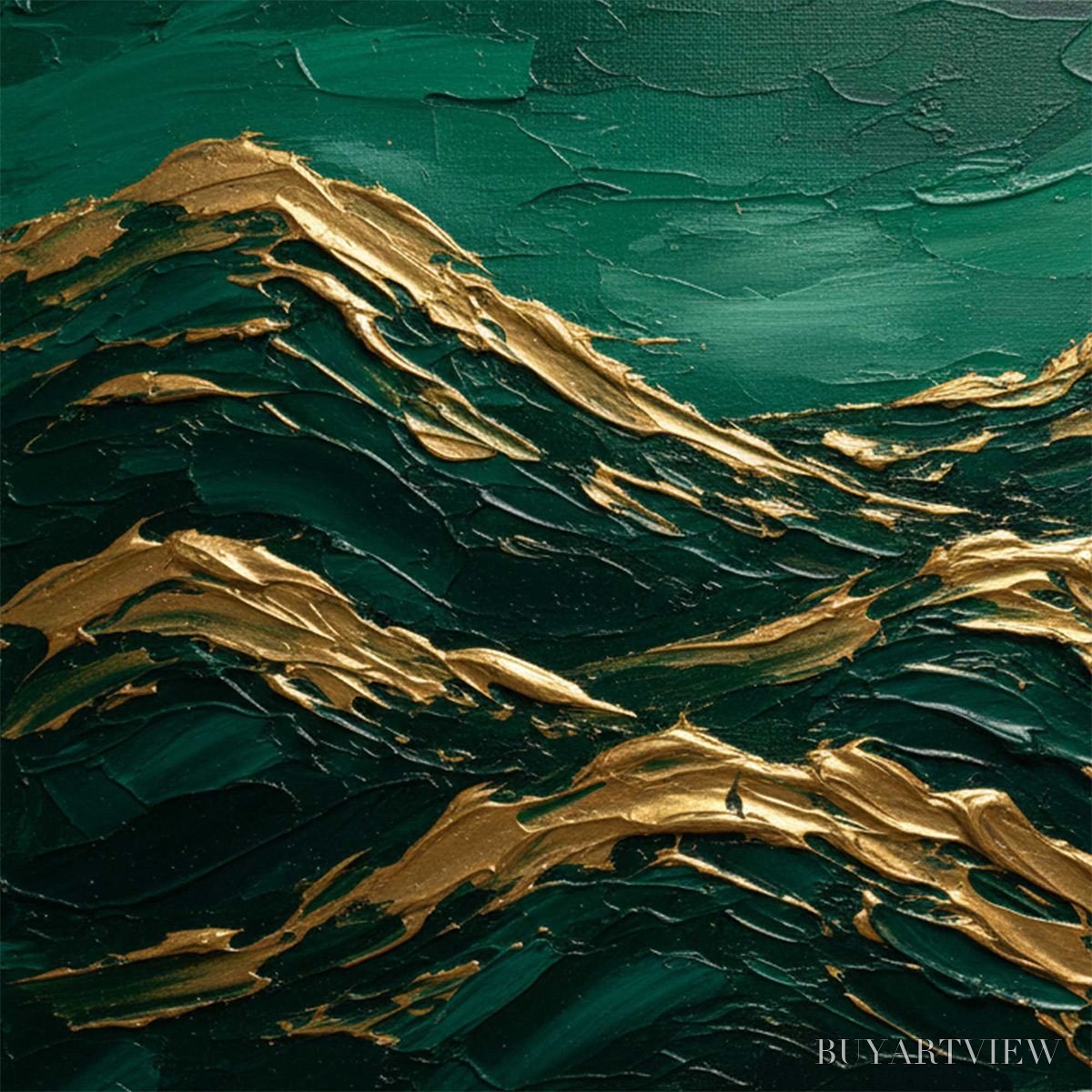 BUYARTVIEW Emerald Crests – Heavy Texture Abstract Green and Gold Landscape Painting - image 3