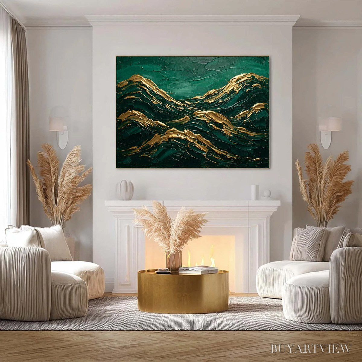 BUYARTVIEW Emerald Crests – Heavy Texture Abstract Green and Gold Landscape Painting - image 4