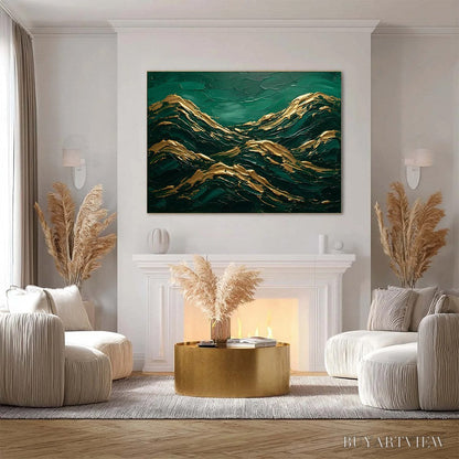 BUYARTVIEW Emerald Crests – Heavy Texture Abstract Green and Gold Landscape Painting - image 4