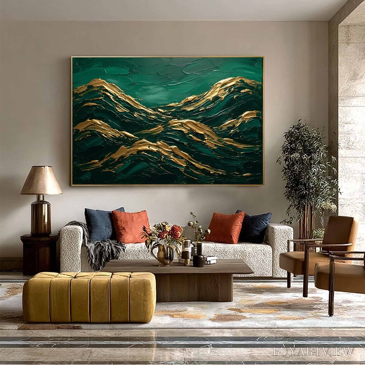 BUYARTVIEW Emerald Crests – Heavy Texture Abstract Green and Gold Landscape Painting - image 6