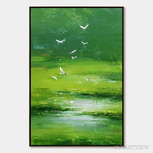 BUYARTVIEW Verdant Flight – Textured Green Landscape Painting of a Serene Marsh - image 1