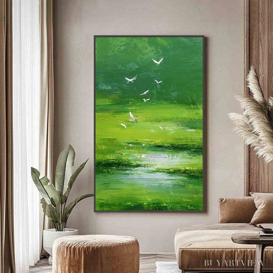 BUYARTVIEW Verdant Flight – Textured Green Landscape Painting of a Serene Marsh - image 2