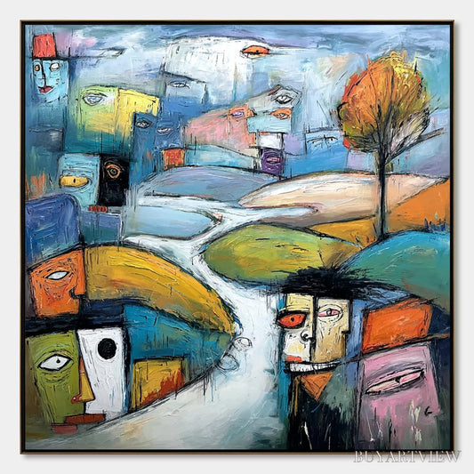 BUYARTVIEW Village of Eyes – Colorful Abstract Figurative Cityscape Painting - image 1