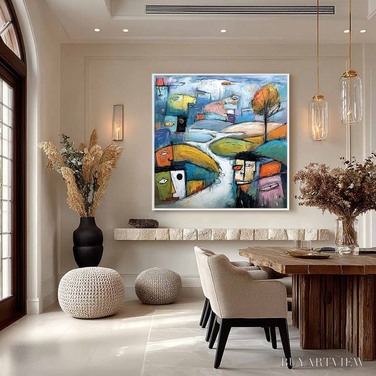 BUYARTVIEW Village of Eyes – Colorful Abstract Figurative Cityscape Painting - image 2