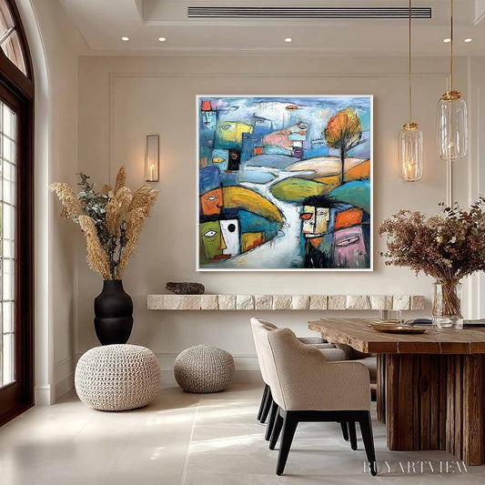 BUYARTVIEW Village of Eyes – Colorful Abstract Figurative Cityscape Painting - image 2