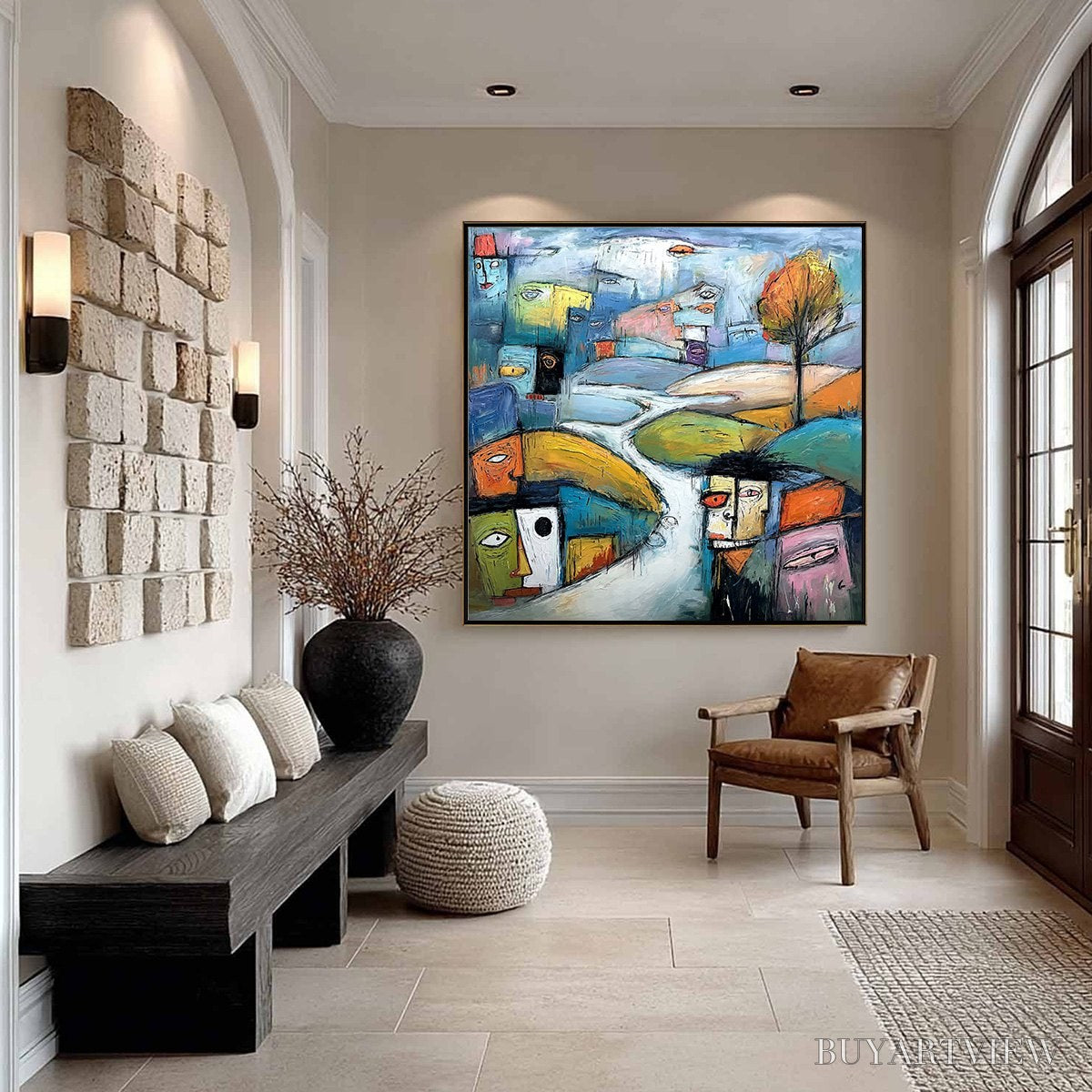 BUYARTVIEW Village of Eyes – Colorful Abstract Figurative Cityscape Painting - image 4
