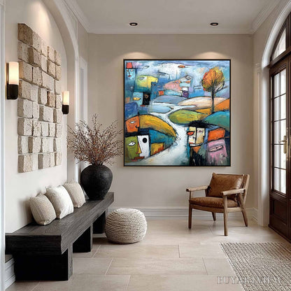 BUYARTVIEW Village of Eyes – Colorful Abstract Figurative Cityscape Painting - image 4