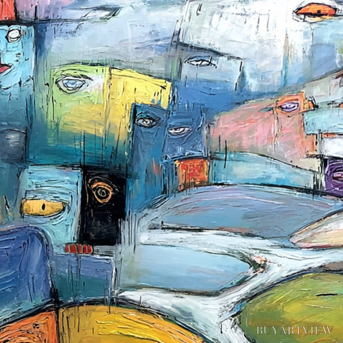 BUYARTVIEW Village of Eyes – Colorful Abstract Figurative Cityscape Painting - image 5