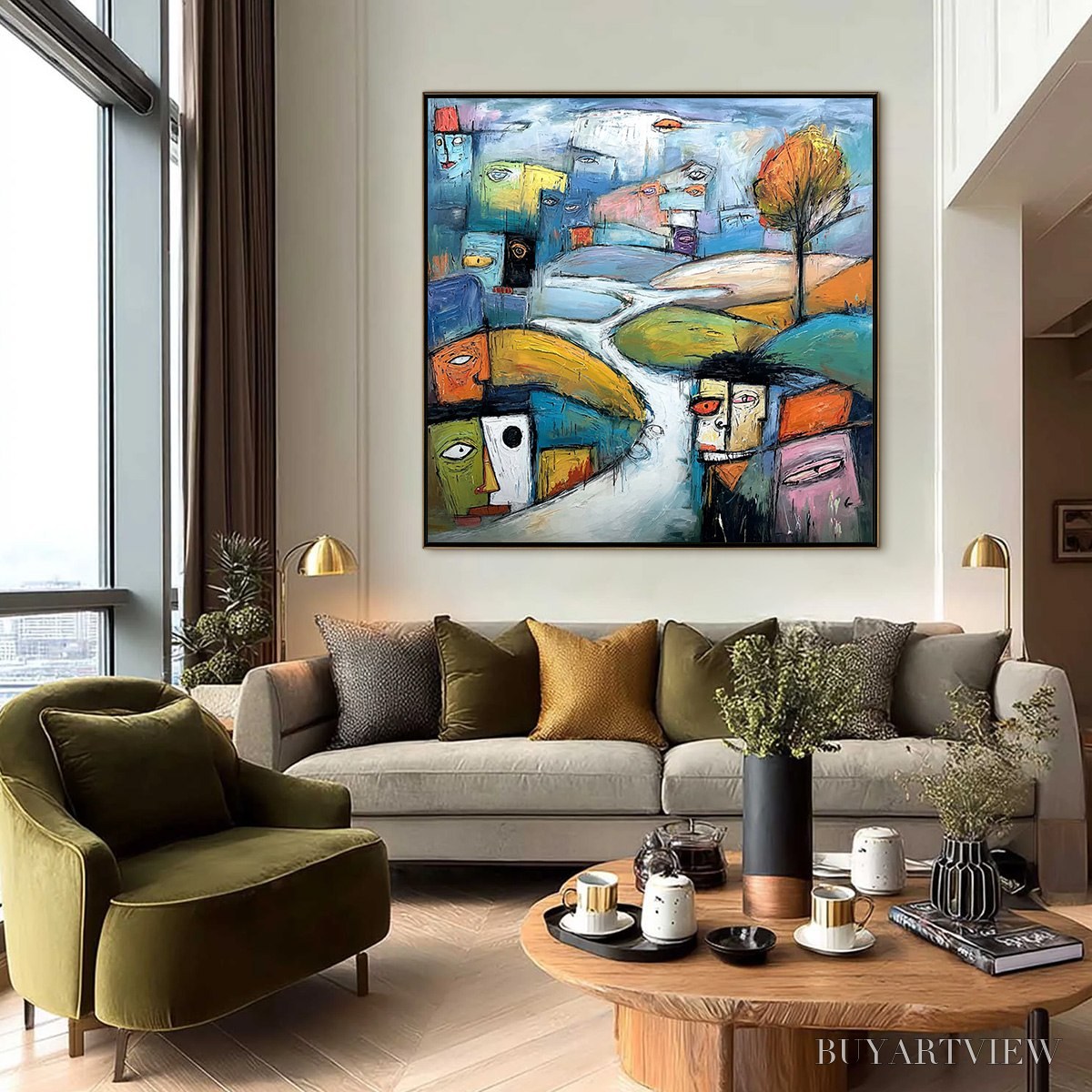 BUYARTVIEW Village of Eyes – Colorful Abstract Figurative Cityscape Painting - image 6