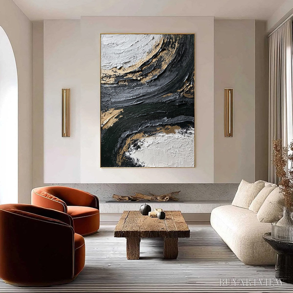 BUYARTVIEW Kintsugi Rift – Textured Wabi Sabi Abstract Painting in Black and Gold - image 2