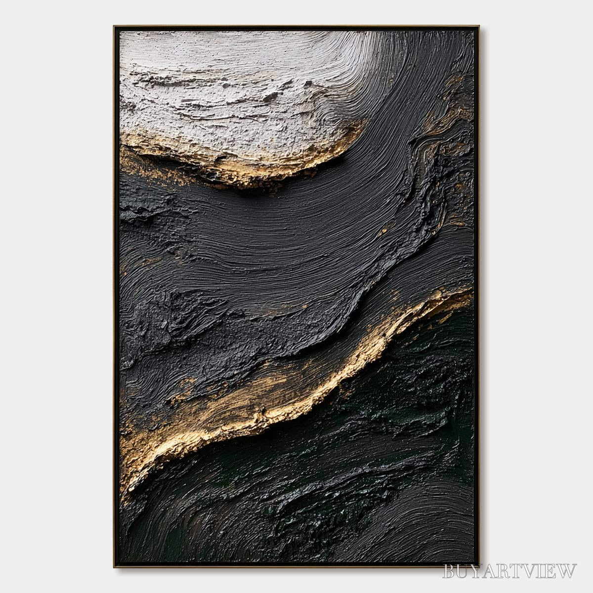 BUYARTVIEW Kintsugi River – Wabi Sabi Textured Abstract Art in Black, White, and Gold - image 1
