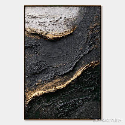 BUYARTVIEW Kintsugi River – Wabi Sabi Textured Abstract Art in Black, White, and Gold - image 1