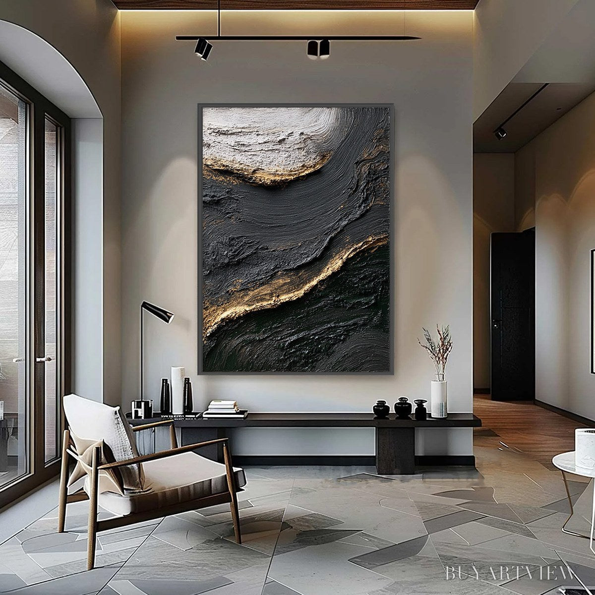 BUYARTVIEW Kintsugi River – Wabi Sabi Textured Abstract Art in Black, White, and Gold - image 2