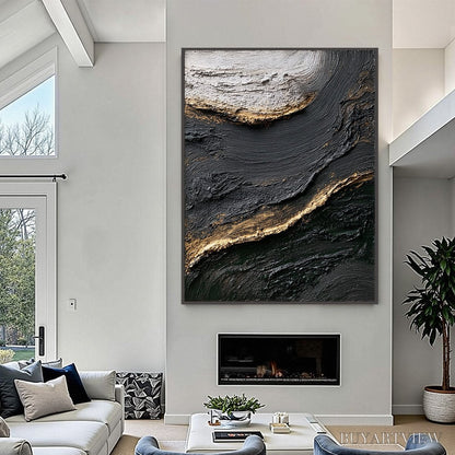 BUYARTVIEW Kintsugi River – Wabi Sabi Textured Abstract Art in Black, White, and Gold - image 4