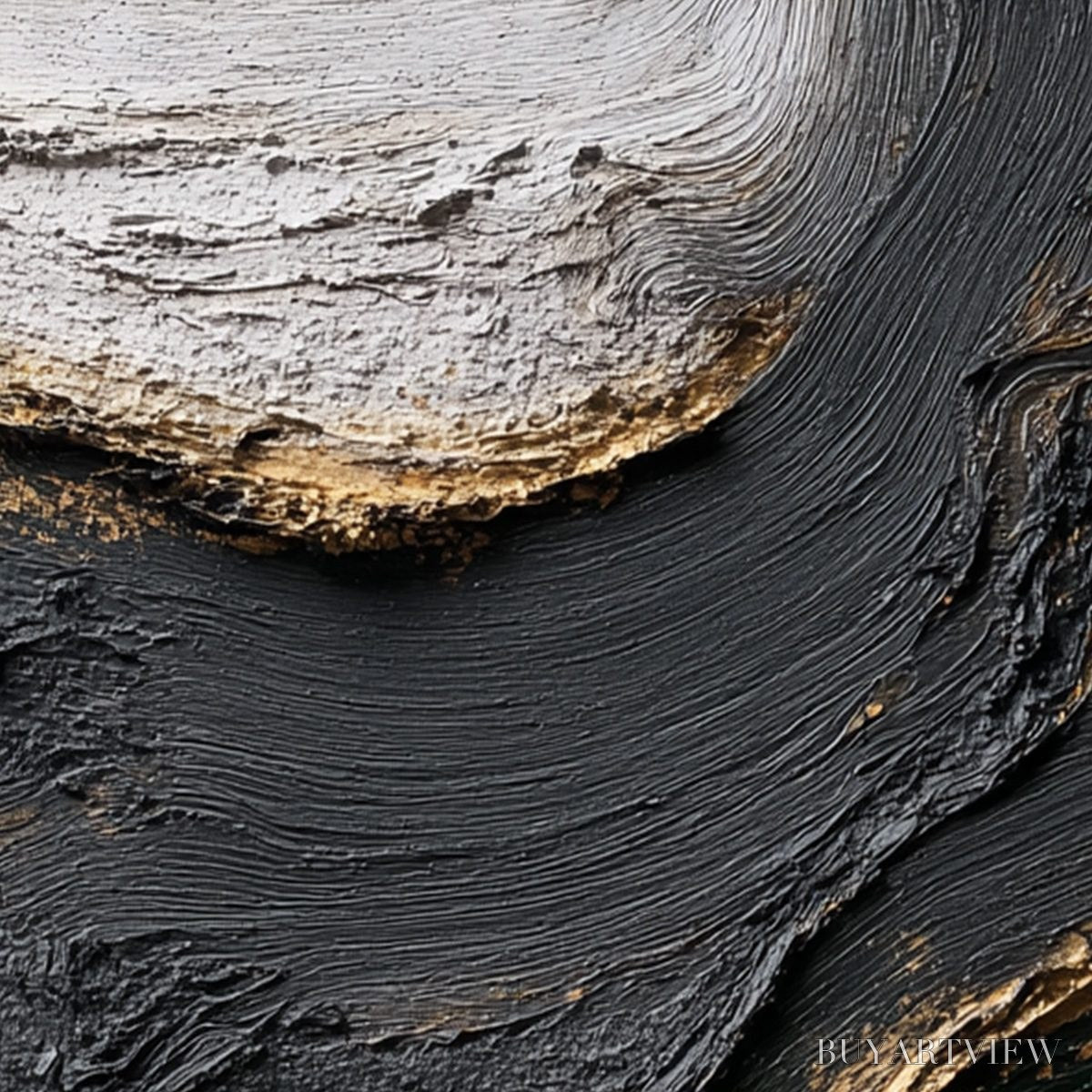 BUYARTVIEW Kintsugi River – Wabi Sabi Textured Abstract Art in Black, White, and Gold - image 5