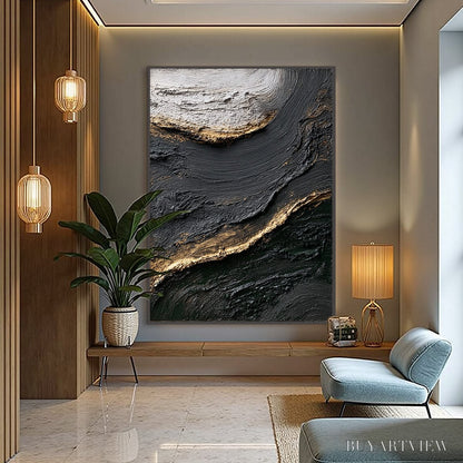BUYARTVIEW Kintsugi River – Wabi Sabi Textured Abstract Art in Black, White, and Gold - image 6