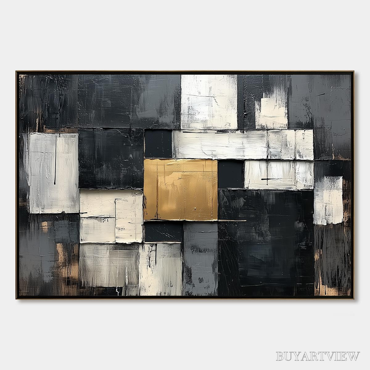 BUYARTVIEW Golden Intersection – Textured Abstract Geometric Oil Painting - image 1