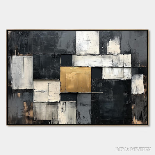 BUYARTVIEW Golden Intersection – Textured Abstract Geometric Oil Painting - image 1