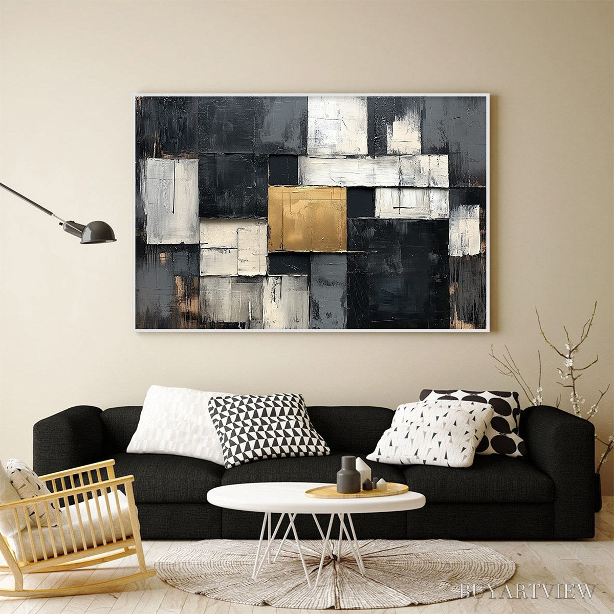 BUYARTVIEW Golden Intersection – Textured Abstract Geometric Oil Painting - image 2