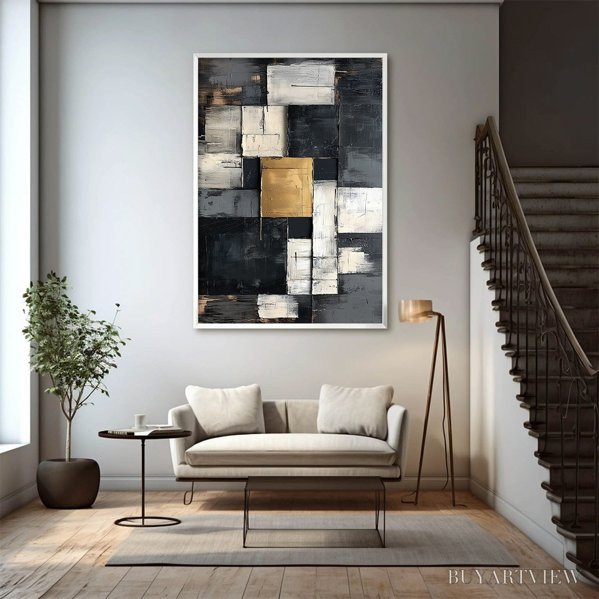 BUYARTVIEW Golden Intersection – Textured Abstract Geometric Oil Painting - image 3