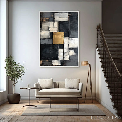 BUYARTVIEW Golden Intersection – Textured Abstract Geometric Oil Painting - image 3